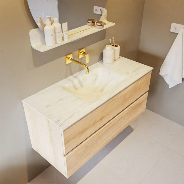 Mondiaz Vica DLux badmeubel 110cm washed oak 2 lades met wastafel opalo midden zonder kraangat