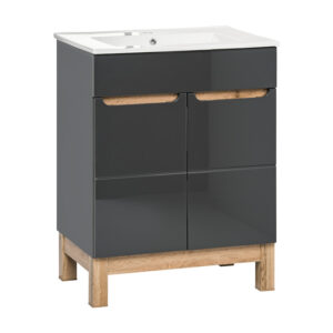 Comad Bali Grey badkamermeubel 60cm met witte wastafel en kraangat eiken/antraciet