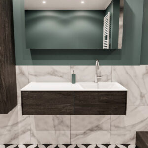 Lush onderkast 120cm in kleur DARK BROWN met 2 lades Push tot open geschikt voor rechtse wastafel. Compleet met solid surface wastafel cloud M35164met 1 kraangat(en)