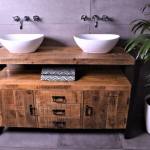 MD Interior Woodz badkamermeubel 135cm 0 kraangaten mangohout met 2 keramische waskommen