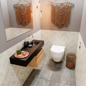 Mondiaz Andor toiletmeubel 50cm eiken met zwarte wastafel 100cm rechts zonder kraangat