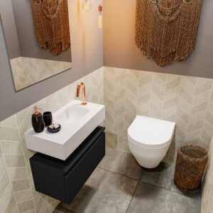 Mondiaz Andor toiletmeubel 60cm mat zwart met witte wastafel rechts met kraangat