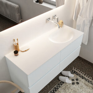 Mondiaz Vica 120cm badmeubel clay 4 lades wastafel Moon rechts zonder kraangat
