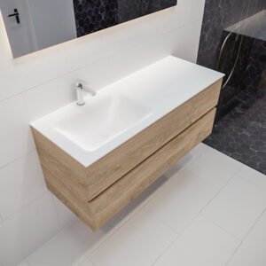 Mondiaz Vica 120cm badmeubel washed oak 2 lades wastafel Cloud links 1 kraangat