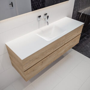 Mondiaz Vica 150cm badmeubel washed oak 2 lades wastafel Cloud midden geen kraangat