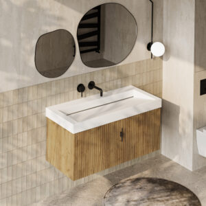 Muebles Calas badmeubel ribbelfront 100cm warm eiken met solid surface wastafel zonder kraangat