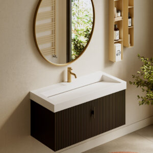 Muebles Calas badmeubel ribbelfront 100cm zwart mat met solid surface wastafel met kraangat