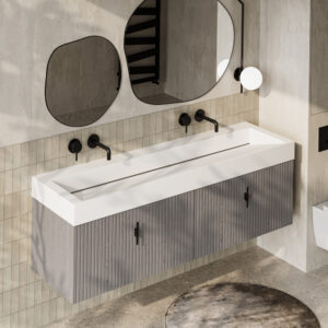 Muebles Calas badmeubel ribbelfront 160cm grijs eiken met solid surface wastafel zonder kraangaten