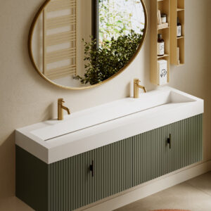 Muebles Calas badmeubel ribbelfront 160cm legergroen met solid surface wastafel met kraangaten