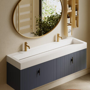Muebles Calas badmeubel ribbelfront 160cm marine blauw met solid surface wastafel met kraangaten