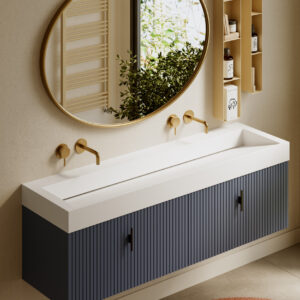Muebles Calas badmeubel ribbelfront 160cm marine blauw met solid surface wastafel zonder kraangaten