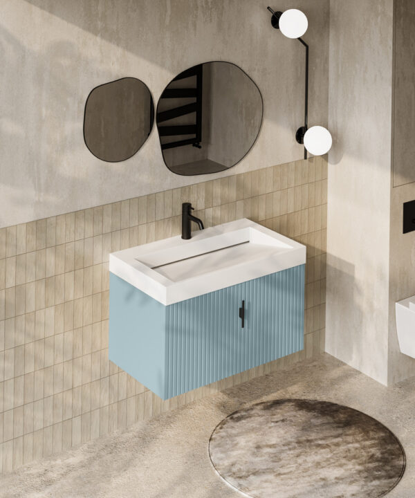 Muebles Calas badmeubel ribbelfront 80cm baby blauw met solid surface wastafel met kraangat