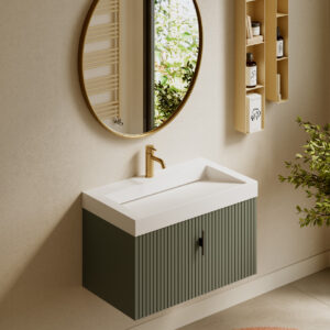 Muebles Calas badmeubel ribbelfront 80cm legergroen met solid surface wastafel met kraangat