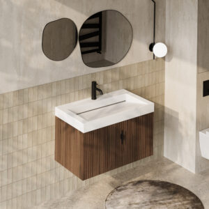 Muebles Calas badmeubel ribbelfront 80cm walnoot met solid surface wastafel met kraangat