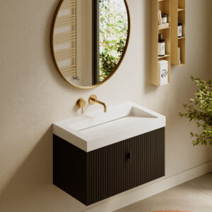 Muebles Calas badmeubel ribbelfront 80cm zwart mat met solid surface wastafel zonder kraangat