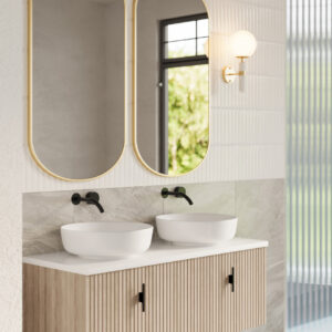 Muebles Ezra badmeubel ribbelfront 120cm naturel eiken met wit toppaneel en waskom