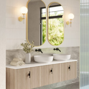 Muebles Ezra badmeubel ribbelfront 180cm naturel eiken met wit toppaneel zonder waskom