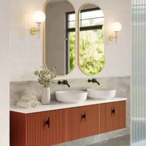 Muebles Ezra badmeubel ribbelfront 180cm terracotta met wit toppaneel en waskom