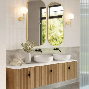 Muebles Ezra badmeubel ribbelfront 180cm warm eiken met wit toppaneel en waskom