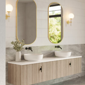 Muebles Ezra badmeubel ribbelfront 200cm naturel eiken met wit toppaneel en waskom