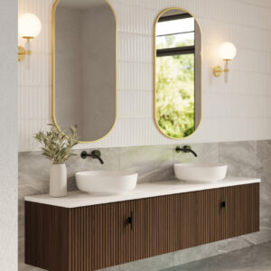 Muebles Ezra badmeubel ribbelfront 200cm walnoot met wit toppaneel zonder waskom