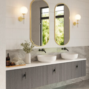 Muebles Ezra badmeubel ribbelfront 240cm eiken grijs met wit toppaneel zonder waskom