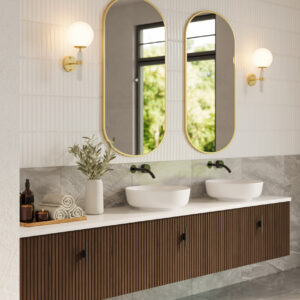 Muebles Ezra badmeubel ribbelfront 240cm walnoot met wit toppaneel en waskom