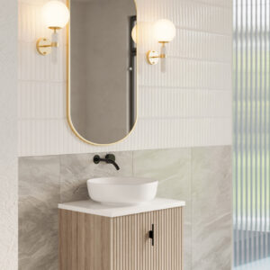 Muebles Ezra badmeubel ribbelfront 60cm naturel eiken met wit toppaneel en waskom