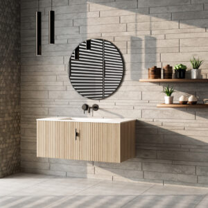 Muebles Raya badmeubel ribbelfront 100cm naturel eiken met witte wastafel zonder kraangat