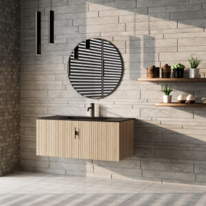 Muebles Raya badmeubel ribbelfront 100cm naturel eiken met zwarte wastafel met kraangat