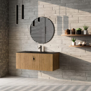 Muebles Raya badmeubel ribbelfront 100cm warm eiken met zwarte wastafel met kraangat
