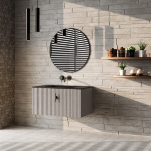 Muebles Raya badmeubel ribbelfront 80cm grijs eiken met zwarte wastafel zonder kraangat