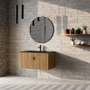 Muebles Raya badmeubel ribbelfront 80cm warm eiken met zwarte wastafel met kraangat
