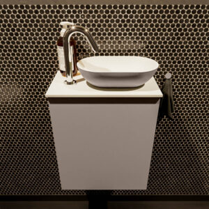 Mondiaz Fowy toiletmeubel 40cm smoke met taupkleurige waskom rechts en kraangat