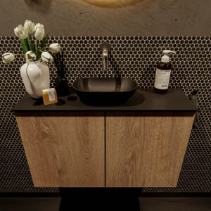 Mondiaz Fowy toiletmeubel 80cm washed oak met zwarte waskom midden zonder kraangat