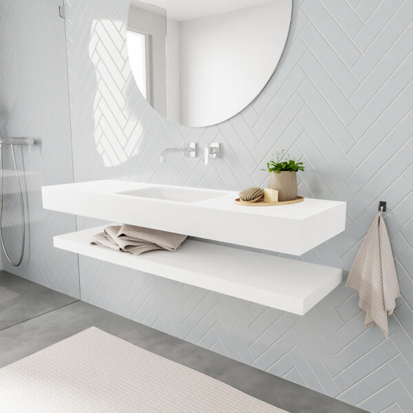 Zaro ALAN vrijhangende wastafel 150cm met wasbak Enkel midden en solid suface planchet in kleur Wit mat 0 lade(s)