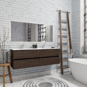 Zaro Sevilla Solid Surface badmeubel 150cm donker eiken 2 kraangaten dubbele spoelbak met 4 lades