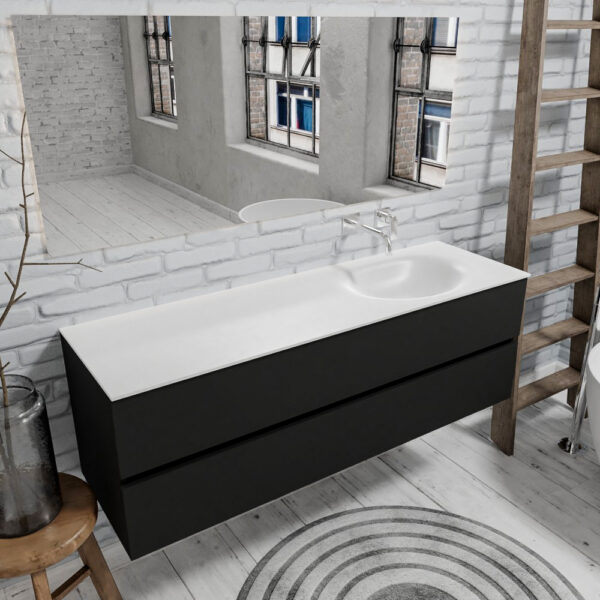 Zaro Sevilla Solid Surface badmeubel 150cm mat zwart geen kraangat met 2 lades spoelbak rechts